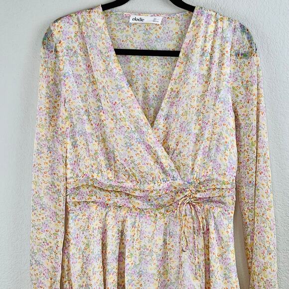 Elodie White Multi Floral Sheer Ruched Front Tie Surplice Mini Dress Large NWOT - Picture 5 of 16